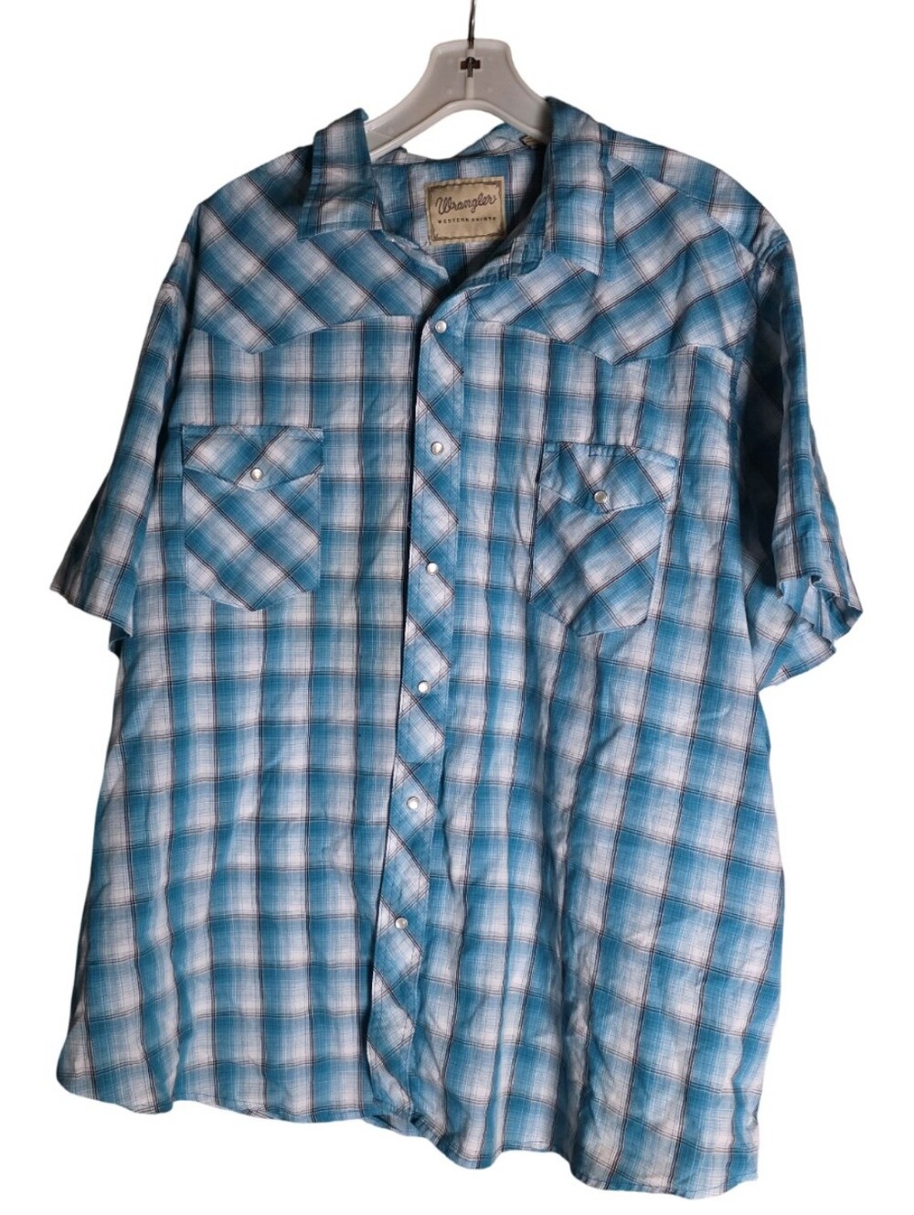 Wrangler Western Shirt Men’s 3XL Blue Plaid Pearl Snap Short Sleeve Cowboy